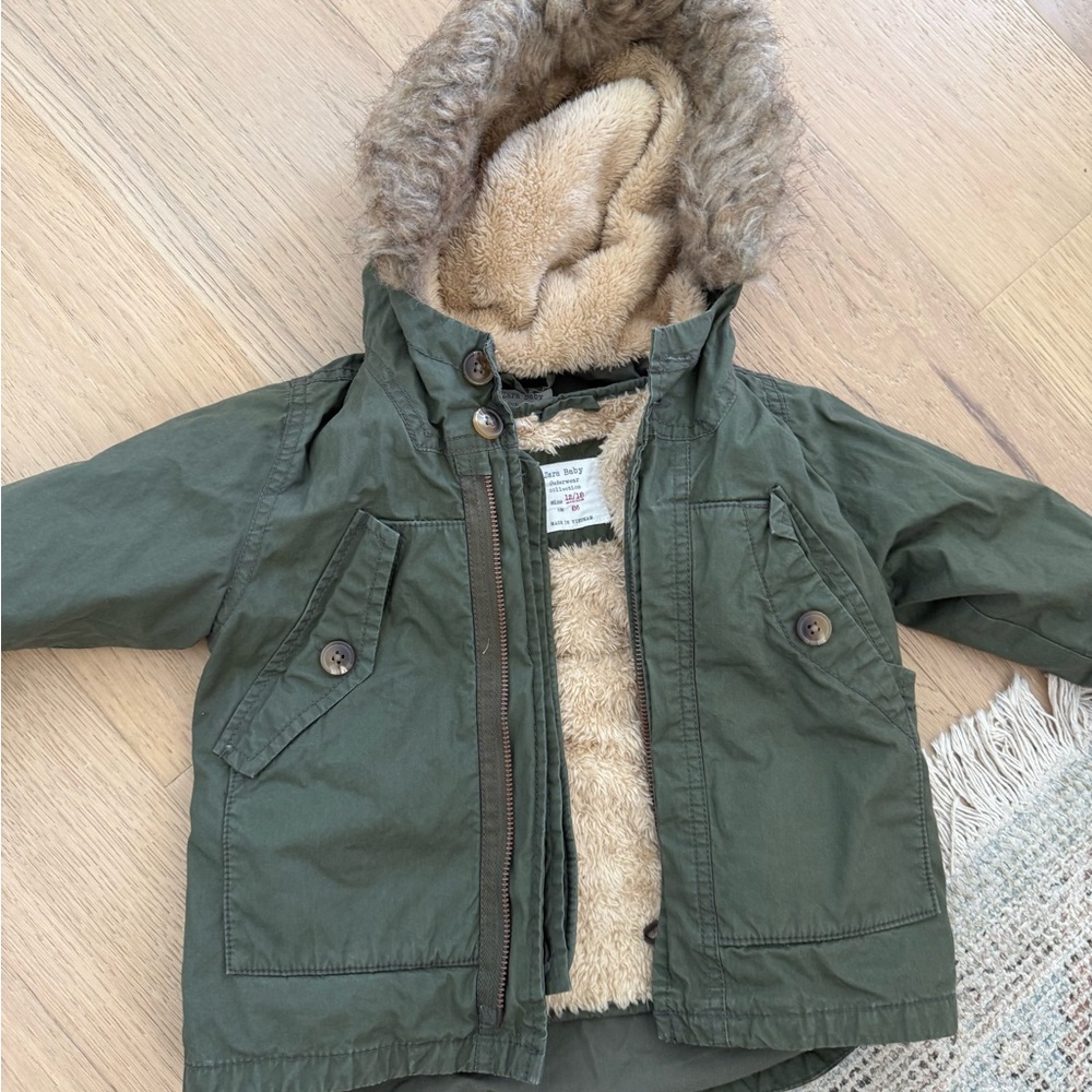 Zara kids Green Hooded Jacket with Faux Fur Lining